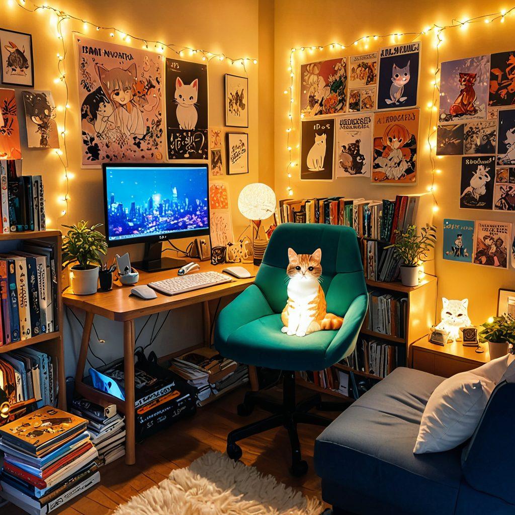 A whimsical yet intriguing illustration showcasing a cozy room with a large, colorful anime-style poster of popular hentai characters on the wall. A plush chair beside a table cluttered with manga books and art supplies, illuminated by soft fairy lights, sets a relaxing atmosphere. A laptop with a streaming anime site open displays animated content, while a playful cat lounges nearby, adding to the comfort. vibrant colors. anime-inspired art style. cozy ambiance.