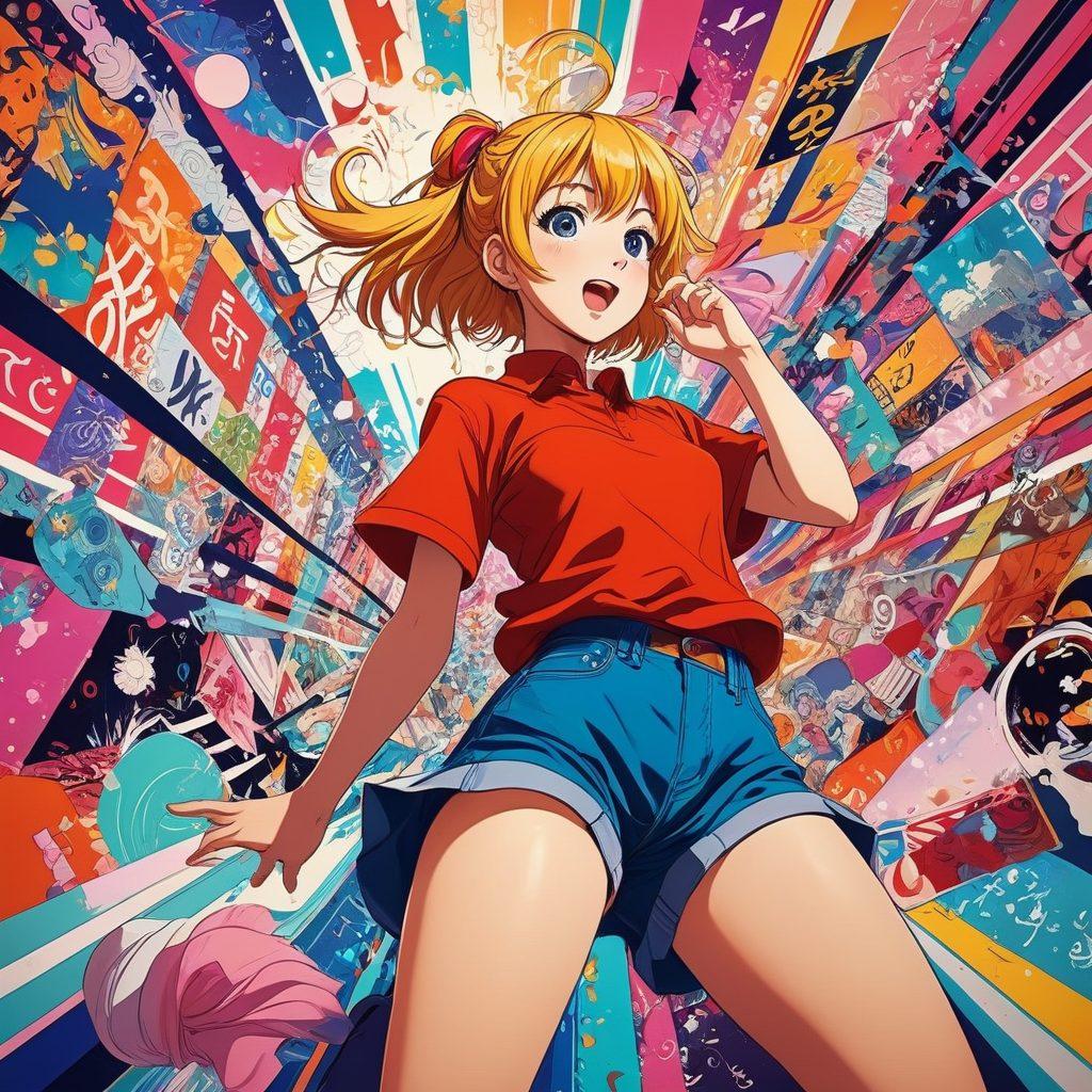 A vibrant and intricate scene featuring stylized anime characters engaged in a lively discussion, surrounded by colorful manga panels and graphic art elements. Highlight various genres within the realm of hentai, showcasing dynamic poses and expressive emotions. Include a whimsical background of abstract shapes and patterns that evoke creativity and imagination. The composition should be engaging and playful, capturing the essence of exploration and enthusiasm for the content. vector art. vibrant colors.
